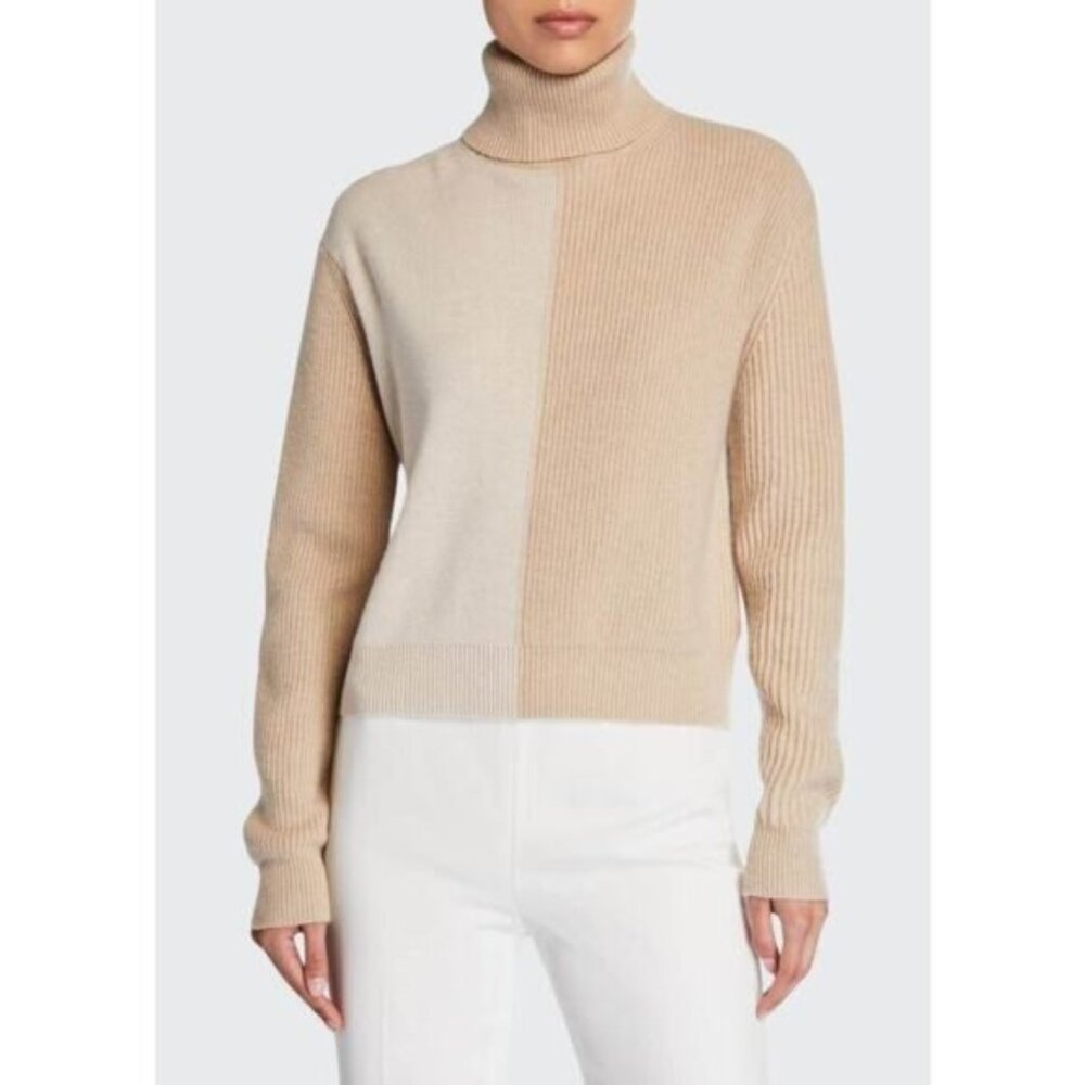 NEW Theory Pale Camel Colorblock Cashmere Turtleneck Sweater Brown Size: Small